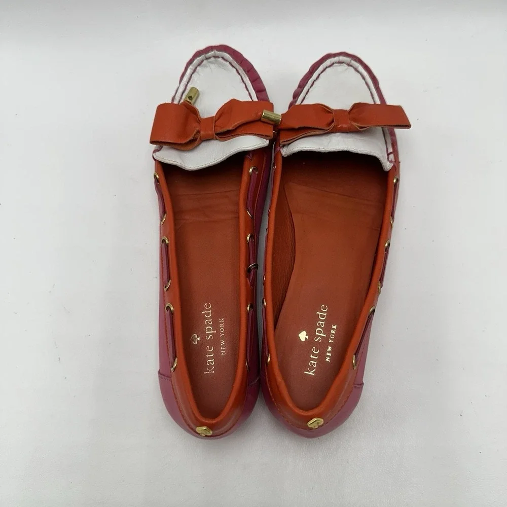 Kate Spade Boat Shoes Flats Bow Pink Red White‎ Women's Size 8M